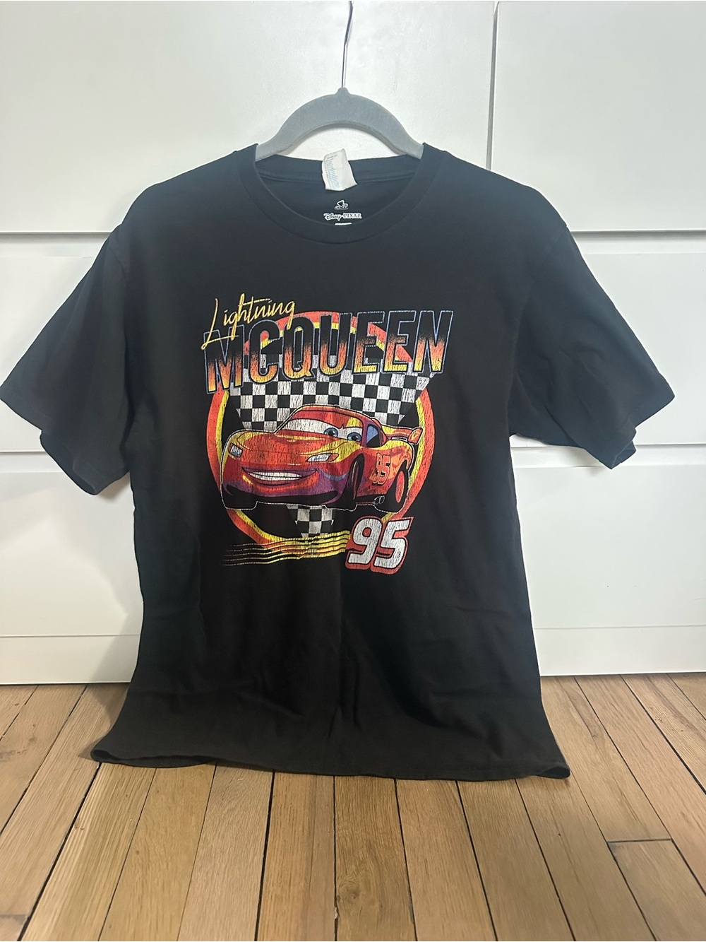 Disney Black Lightning McQueen Short Sleeve Tee with Red and Yellow Graphic